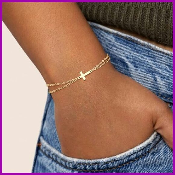 Dainty Cross Bracelet Stack, 14K Gold Plated, Adjustable 6.7"+2" Chain - Picture 5 of 7